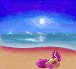 Size: 809x730 | Tagged: safe, artist:boneappleteeth, fluttershy, pegasus, pony, beach, featured image, female, folded wings, mare, moon, night, ocean, prone, solo, wings