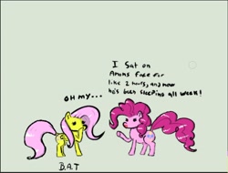 Size: 1524x1159 | Tagged: safe, artist:boneappleteeth, fluttershy, pinkie pie, earth pony, pegasus, pony, dialogue, duo, explicit text, female, folded wings, funny, hoof over mouth, implied death, mare, wings, worried