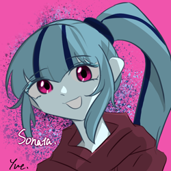 Size: 1080x1080 | Tagged: safe, artist:yue., imported from derpibooru, sonata dusk, human, equestria girls, female, looking at you, purple background, simple background, smiling, smiling at you, solo