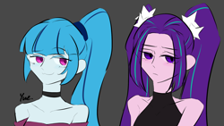 Size: 1920x1080 | Tagged: safe, artist:yue., imported from derpibooru, aria blaze, sonata dusk, human, equestria girls, arisona, duo, duo female, female, gray background, lesbian, looking at someone, shipping, simple background