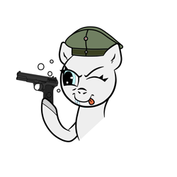 Size: 1600x1600 | Tagged: safe, artist:scandianon, imported from derpibooru, pony, drool, drunk, drunk bubbles, female, gun, hat, hooves, mare, simple background, solo, squint, tokarev, tongue out, weapon, white background