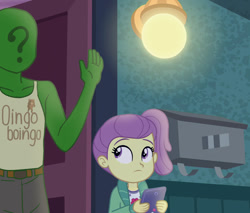 Size: 800x681 | Tagged: safe, artist:uotapo, edit, edited screencap, imported from twibooru, screencap, pinkie pie, oc, oc:anon, equestria girls, equestria girls series, pinkie sitting, i need an adult, image, implied lolicon, implied underage, lily pad (g4), needs more jpeg, pedobear, young