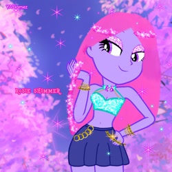 Size: 1280x1280 | Tagged: safe, artist:u66589 yiv, imported from twibooru, oc, oc:rosie shimmer, equestria girls, aura, bracelet, braid, chains, cute, eyeshadow, glitter, glittery eyeshadow, gold, image, jewelry, makeup, needs more jpeg, pink hair, realistic, shining hair, signature, sparkle