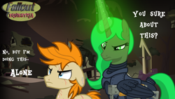 Size: 1800x1012 | Tagged: safe, artist:pizzamovies, imported from derpibooru, oc, oc only, oc:citrina, oc:pizzamovies, alicorn, earth pony, fallout equestria, alicorn oc, armor, artificial alicorn, blood, dialogue, female, green alicorn (fo:e), horn, laser rifle, magic, magic aura, male, mare, messy mane, ponyville, power armor, scar, stallion, wings