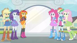 Size: 1920x1080 | Tagged: safe, imported from derpibooru, screencap, applejack, fluttershy, pinkie pie, rainbow dash, rarity, sunset shimmer, equestria girls, rainbow rocks, female, group, humane five, sextet, smiling