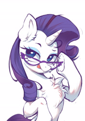 Size: 1535x2185 | Tagged: safe, artist:starbow, imported from derpibooru, part of a set, rarity, pony, unicorn, :p, chest fluff, ear fluff, eyebrows, female, glasses, horn, looking at you, mare, simple background, solo, tongue out, underhoof, white background