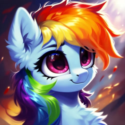 Size: 1536x1536 | Tagged: safe, imported from derpibooru, rainbow dash, pegasus, pony, abstract background, ai content, ai generated, bust, cheek fluff, chest fluff, cute, dashabetes, ear fluff, eyebrows, eyelashes, female, fluffy, generator:purplesmart.ai, generator:stable diffusion, mare, portrait, prompter:nightluna, smiling, solo