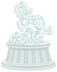 Size: 1920x2439 | Tagged: safe, artist:aleximusprime, imported from twibooru, discord, princess celestia, princess luna, alicorn, pony, flurry heart's story, high, horrified, image, petrification, png, shocked, statue, stone, stoned