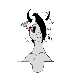 Size: 3600x3600 | Tagged: safe, artist:pony quarantine, imported from derpibooru, oc, oc only, oc:strelka, bust, floppy ears, hair over one eye, horns, looking at you, portrait, sad, simple background, solo, transparent background