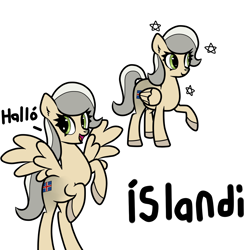 Size: 1200x1200 | Tagged: safe, artist:scandianon, imported from derpibooru, oc, oc:iceland horse, pegasus, pony, coat markings, facial markings, flag, green eyes, greeting, hooves, iceland, nation ponies, ponified, rearing, simple background, smiling, spread wings, stars, white background, wings