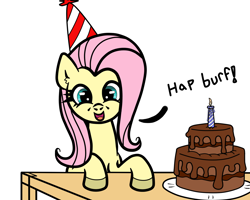 Size: 1250x1000 | Tagged: safe, artist:scandianon, imported from derpibooru, fluttershy, pegasus, pony, cake, candle, dialogue, female, food, happy birthday, hat, hooves, looking at you, mare, open mouth, party hat, plate, simple background, solo, table, white background