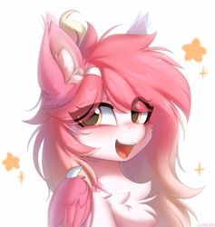 Size: 3883x4096 | Tagged: safe, artist:lunylin, artist:lunylinl, imported from derpibooru, oc, oc only, oc:latandra sweetberry, pegasus, pony, cheek fluff, chest fluff, colored eyebrows, colored wings, cute, ear fluff, eye clipping through hair, eyebrows, eyebrows visible through hair, female, folded wings, high res, looking at you, mare, ocbetes, open mouth, open smile, pegasus oc, simple background, smiling, smiling at you, solo, sparkles, white background, wings
