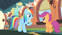 Size: 1266x720 | Tagged: safe, imported from derpibooru, screencap, rainbow dash, scootaloo, thunderlane, pony, equestria games (episode), friendship express, locomotive, steam locomotive, train