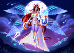 Size: 4072x2893 | Tagged: safe, artist:minamikoboyasy, imported from derpibooru, oc, oc only, oc:selune darkeye, anthro, seraph, unicorn, angel, anthro oc, armor, artificial wings, augmented, boots, breasts, choker, cleavage, cloak, clothes, cloud, coat markings, ear fluff, facial markings, flowing hair, flowing mane, flowing tail, gloves, grass, hill, horn, jewelry, leotard, looking at you, magic, magic wings, markings, moon, multiple wings, nails, new lunar republic, night, night sky, redhead, shield, shoes, shooting star, shoulder pads, simple background, sky, smiling, smiling at you, snip (coat marking), socks, solo, spear, starry sky, stars, stockings, tail, thigh highs, transparent wings, unicorn oc, valkyrie, weapon, wings