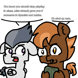 Size: 1000x1000 | Tagged: safe, artist:sweetsterty, imported from derpibooru, button mash, rumble, earth pony, pegasus, pony, british, colt, duo, duo male, floppy ears, foal, game boy, male, simple background, talking, tired, white background