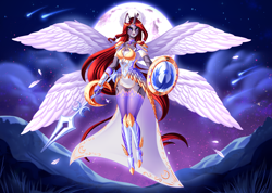 Size: 4072x2893 | Tagged: safe, artist:minamikoboyasy, imported from derpibooru, oc, oc only, oc:selune darkeye, anthro, seraph, unicorn, angel, anthro oc, armor, boots, breasts, choker, cleavage, cloak, clothes, cloud, coat markings, ear fluff, facial markings, flowing hair, flowing mane, flowing tail, gloves, grass, hill, horn, jewelry, leotard, looking at you, markings, moon, multiple wings, nails, new lunar republic, night, night sky, redhead, shield, shoes, shooting star, shoulder pads, simple background, sky, smiling, smiling at you, snip (coat marking), socks, solo, spear, starry sky, stars, stockings, tail, thigh highs, transparent wings, unicorn oc, valkyrie, weapon, wings