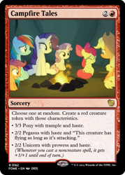 Size: 375x523 | Tagged: safe, edit, imported from derpibooru, apple bloom, applejack, rainbow dash, rarity, scootaloo, sweetie belle, campfire tales, campfire, ccg, cutie mark crusaders, magic the gathering, trading card, trading card edit, trading card game