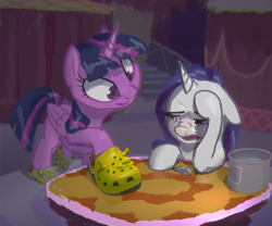 Size: 2808x2340 | Tagged: safe, artist:ciborgen, imported from derpibooru, rarity, twilight sparkle, alicorn, unicorn, carousel boutique, clothes, crocs, crying, duo, food, ice cream, rarity is not amused, shoes, shoes only, shrek, twilight crockle, twilight sparkle (alicorn), unamused