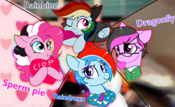 Size: 1659x1017 | Tagged: safe, artist:mlpcartel, imported from derpibooru, oc, oc:dragonfly, oc:raindroxx, oc:sperm pie, aesthetic background, blurry background, clopper oc, cute, heart, heart eyes, holiday, pillow, rainbine, starry eyes, valentine's day, wingding eyes