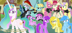 Size: 2732x1262 | Tagged: safe, artist:mlpcartel, imported from derpibooru, helia, lily, lily valley, princess celestia, roseluck, oc, oc:dragonfly, oc:evil doubleganger rainbow dash, oc:evildoubleganger fluttershy, oc:evildoubleganger twilight, oc:evildoublegangers, elements of insanity, crime, drill, gun, irony, mexican, mexico, ponyville, rainbine, tattoo, weapon