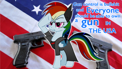 Size: 1280x720 | Tagged: safe, artist:mlpcartel, imported from derpibooru, elements of insanity, american flag, gun, gun control, mouthpiece, op is a duck, op is trying to start shit, politics, rainbine, united states, weapon