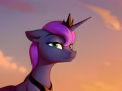 Size: 3200x2400 | Tagged: safe, artist:dovakkins, derpibooru exclusive, imported from derpibooru, princess luna, alicorn, pony, ai assisted, ai content, beautiful, cloud, cloudy, crown, eyebrows, female, folded wings, generator:pony diffusion v5, horn, jewelry, looking at you, mare, peytral, raised eyebrow, regalia, short hair, sky, smiling, smiling at you, solo, sunrise, wings