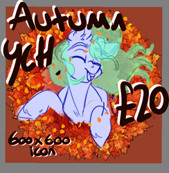 Size: 648x664 | Tagged: safe, artist:bananasplitedy, imported from derpibooru, advertisement, commission, leaf, leaves, open mouth, sketch, smiling, wind, ych sketch, your character here