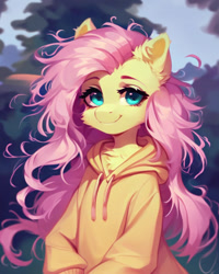 Size: 768x960 | Tagged: safe, imported from derpibooru, fluttershy, anthro, ai content, ai generated, chest fluff, clothes, cute, ear fluff, female, generator:purplesmart.ai, generator:stable diffusion, hoodie, looking at you, mare, messy mane, outdoors, prompter:nightluna, shyabetes, smiling, smiling at you, smug, solo
