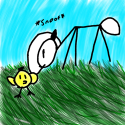 Size: 1000x1000 | Tagged: safe, artist:scandianon, imported from derpibooru, oc, oc only, oc:stickmare stickenson, bird, chicken, pony, chick, female, grass, mare, outdoors, sky, snoof, stick figure
