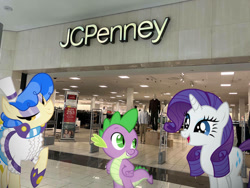 Size: 1032x774 | Tagged: safe, edit, edited screencap, editor:undeadponysoldier, imported from ponybooru, photographer:undeadponysoldier, screencap, rarity, sapphire shores, spike, dragon, earth pony, pony, unicorn, clothes, cute, eyeshadow, female, happy, irl, jc penny, looking at you, makeup, male, mall, mare, photo, ponies in real life, raribetes, shopping, shopping mall, that pony sure does love fashion