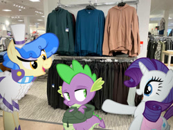 Size: 1032x774 | Tagged: safe, edit, editor:undeadponysoldier, imported from ponybooru, photographer:undeadponysoldier, rarity, sapphire shores, spike, dragon, earth pony, pony, unicorn, bag, clothes, edited photo, eyeshadow, happy, hoodie, irl, jc penny, makeup, male, mall, photo, pointing, ponies in real life, presenting, saddle bag, shopping, shopping mall