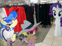 Size: 1032x774 | Tagged: safe, edit, editor:undeadponysoldier, imported from ponybooru, photographer:undeadponysoldier, rarity, sapphire shores, spike, dragon, earth pony, pony, unicorn, clothes, edited photo, eyeshadow, fedora, female, glasses, happy, hat, irl, jc penny, makeup, male, mall, mare, photo, ponies in real life, shopping, shopping mall, sunglasses, trenchcoat