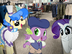 Size: 1032x774 | Tagged: safe, edit, editor:undeadponysoldier, imported from ponybooru, photographer:undeadponysoldier, rarity, sapphire shores, spike, earth pony, pony, unicorn, beret, boots, clothes, cute, female, happy, hat, impressed, irl, jc penny, mall, mare, pants, photo, pointing, ponies in real life, raribetes, sapphire sweetness, shoes, shopping, shopping mall, sparkly eyes, spikabetes, sweater vest, vest