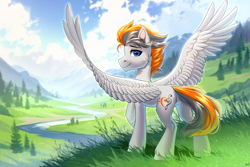 Size: 4000x2667 | Tagged: safe, artist:hakaina, imported from derpibooru, oc, oc only, oc:sukko, pegasus, pony, chin fluff, commission, hill, looking at you, looking back, male, mountain, mountain range, raised hoof, river, scenery, solo, spread wings, stallion, valley, water, wings, ych result