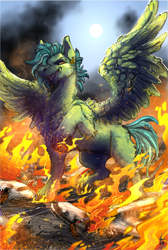 Size: 1592x2374 | Tagged: safe, artist:mrlamanstin, imported from derpibooru, oc, oc only, oc:light touch, pegasus, american airlines, blank flank, commission, destruction, evil grin, fire, grin, macro, plane, revenge, smiling, solo, spread wings, underhoof, wings