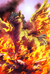 Size: 1588x2369 | Tagged: safe, artist:mrlamanstin, imported from derpibooru, oc, oc only, oc:light touch, pegasus, american airlines, blank flank, burning body, commission, destruction, evil grin, fire, flaming wings, grin, hellfire, macro, plane, red sky, revenge, smiling, solo, spread wings, underhoof, wings