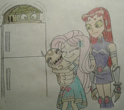 Size: 951x841 | Tagged: safe, artist:jebens1, imported from derpibooru, fluttershy, turtle, equestria girls, crossover, cute, dc comics, hug, refrigerator, silkie, starfire, teen titans, teenage mutant ninja turtles