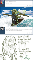 Size: 641x1170 | Tagged: safe, artist:arboraims, imported from derpibooru, oc, oc:ickle muse, pegasus, ask ickle muse, clothes, female, mare, pun, shirt, solo, surfboard, visual pun