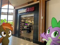 Size: 1032x774 | Tagged: safe, imported from ponybooru, button mash, spike, dragon, earth pony, pony, buttonbetes, colt, cute, foal, gamestop, hat, male, mall, propeller hat, shopping, shopping mall, spikabetes