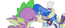 Size: 882x378 | Tagged: safe, artist:punchingshark, edit, imported from ponybooru, vector edit, sapphire shores, spike, dragon, earth pony, pony, clothes, female, interspecies, kiss on the lips, kissing, male, mare, shipping, simple background, spikephire, spread wings, straight, transparent background, vector, winged spike, wings