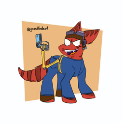 Size: 2000x2000 | Tagged: safe, artist:grandfinaleart, imported from derpibooru, oc, oc only, original species, alternate universe, brown eyes, canines, clothes, digital art, facial hair, goatee, goggles, goggles on head, grin, jumpsuit, laser gun, laser pistol, male, red fur, red tail, robotic arm, simple background, smiling, solo, striped tail, stripes, tail, weapon