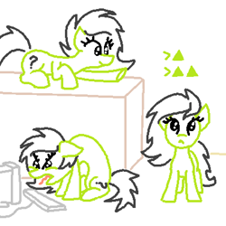 Size: 800x800 | Tagged: safe, artist:purblehoers, imported from derpibooru, oc, oc:filly anon, earth pony, pony, computer, female, filly, foal, looking up, ms paint, raised hoof, screaming, simple background, sitting, standing, tongue out, triforce, white background