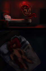 Size: 2650x4075 | Tagged: safe, artist:gothicgalaxies, artist:sile-animus, imported from derpibooru, oc, oc:sile, unicorn, comic:the ghost mare-nsion in the woods, bed, comic, dark, horn, jumping, magic, mansion, night, sleeping, spooky, unicorn oc