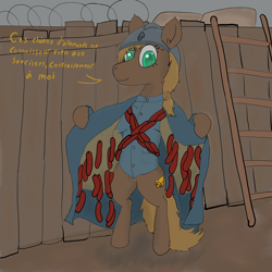 Size: 2500x2500 | Tagged: safe, artist:maxentheweasel, imported from derpibooru, oc, oc:jument soldat, earth pony, pony, food, french, meat, sausage, soldier, soldier pony, solo, this will not end well, world war i