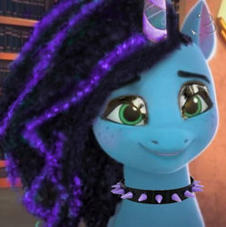 Size: 720x722 | Tagged: safe, edit, edited screencap, imported from derpibooru, screencap, unicorn, choker, dyed hair, dyed mane, ear piercing, earring, eyeshadow, freckles, g5, goth, goth misty, grin, jewelry, makeup, misty brightdawn, my little pony: make your mark, my little pony: make your mark chapter 4, piercing, smiling, solo, the manesquerade ball