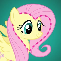 Size: 400x400 | Tagged: safe, imported from derpibooru, fluttershy, pegasus, pony, cute, female, heart, mare, simple background, solo, teal background