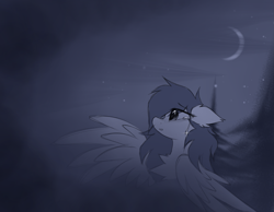 Size: 1847x1436 | Tagged: safe, artist:coarfdraw, imported from derpibooru, oc, oc only, oc:jet blast, pegasus, pony, chest fluff, crying, monochrome, moon, pegasus oc, pine tree, side view, spread wings, tree, wings