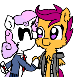 Size: 1000x1000 | Tagged: safe, artist:sweetsterty, imported from derpibooru, scootaloo, sweetie belle, pegasus, semi-anthro, unicorn, cheek fluff, chest fluff, clothes, duo, duo female, female, jacket, lesbian, letter, love letter, school uniform, schoolgirl, scootabelle, shipping