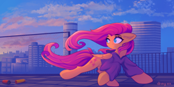 Size: 6000x3000 | Tagged: safe, artist:stravy_vox, imported from derpibooru, fluttershy, pegasus, pony, city, clothes, complex background, female, looking back, mare, running, solo, sunrise