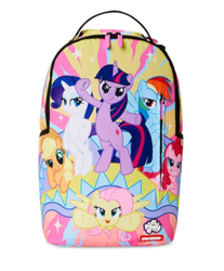 Size: 390x472 | Tagged: safe, imported from derpibooru, applejack, fluttershy, pinkie pie, rainbow dash, rarity, twilight sparkle, earth pony, pegasus, pony, unicorn, applejack's hat, applejack's there for once, backpack, bipedal, cowboy hat, female, flying, g4, half-closed eyes, hat, mane six, mare, merchandise, my little pony logo, official, simple background, sprayground, unicorn twilight, white background